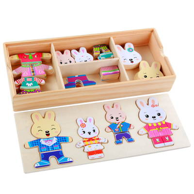 72 PC 나무로 된 동물 조각 그림 맞추기 만화 토끼 곰 드레스