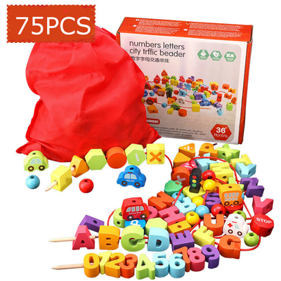 75Pcs 나무로 된 시내 교통 숫자 편지는 스레딩을 묶는 로프 게임을 비드로 만들었습니다